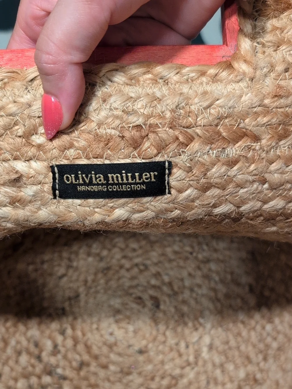 Olivia Miller Woven Straw Tote with Coral Square Handle